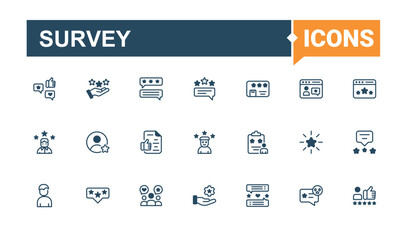 Survey related icon set. Containing review, feedback, positive, appreciation, experience, rating and more. Testimonial icon set. Thin linear style icons. Editable vector outline and solid icons.