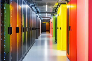 Glowing LED lights brighten a vibrant data center corridor lined with sleek server racks, capturing the essence of a high-tech, cutting-edge digital environment for data processing