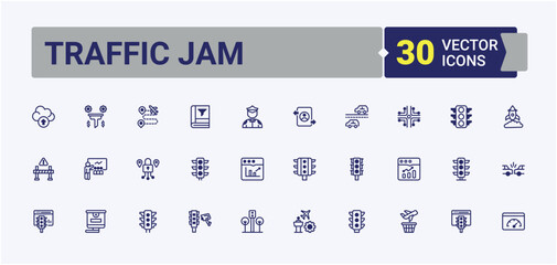 Traffic Jam icon set. Contains related to city, road, pedestrian, way, transport and more. Traffic modern icon. Minimal linear icons. Vector line and solid icons. Pixel perfect.