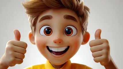 3D animated cheerful young boy with a big smile and bright eyes.