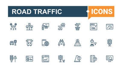 Road Traffic line icon. It contains symbols to pedestrian, road, transport, jam and more. Traffic icon set. Minimalist editable vector stroke. Editable vector outline and solid icons.