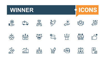 Set of Winner line icon. Featuring achievement, growth, win, grow, award, trophy and more. Success icon set. Vector outline and solid icons collection. Vector illustration. Pixel perfect.