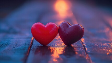 Fototapeta premium Two small heart shaped objects rest upon a wooden surface