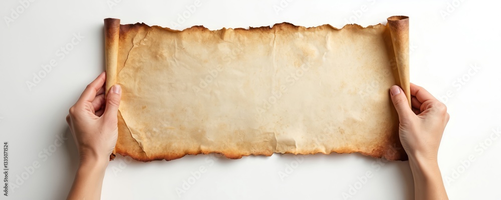 Aufkleber hands hold blank old parchment scroll with aged texture. ancient paper page with torn edge, burnt bo