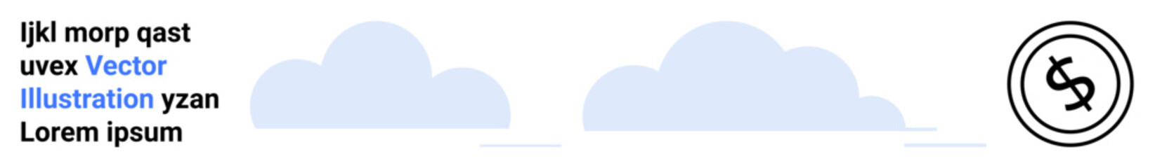 Two soft blue clouds with thin outlines beside circular dollar currency sign. Ideal for finance, economy, weather forecasting, savings, cloud services, data storage, abstract line flat metaphor