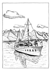 A detailed ink sketch depicting a small sailboat navigating a serene mountain lake.