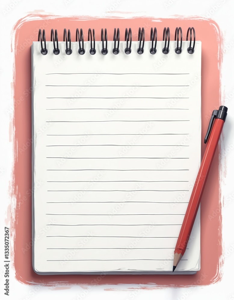 Poster blank spiral notepad with red pencil. white lined paper sheet. realistic notebook illustration for m