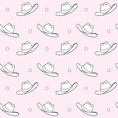 A seamless black and white pattern of simple cowboy hats on a pastel pink background. Perfect for western-themed textiles, wallpapers, and stylish design projects