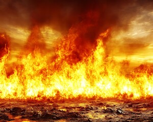 A massive wall of intense flames under a dark cloudy sky