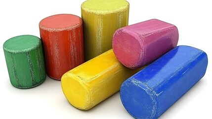 Colorful wooden cylinders arranged together on a white surface