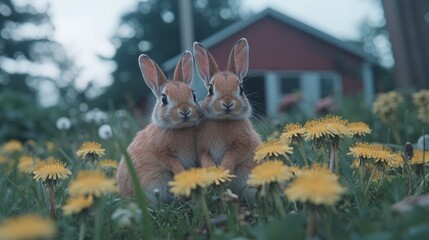 Two cute rabbits in a field of dandelions. Springtime, Easter concept. Nature and wildlife. Background for banner, poster, greeting card, advertising