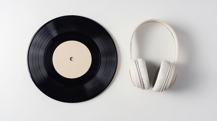 Black Vinyl Record and White Headphones on Surface