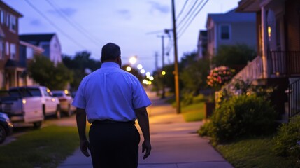 Man Walking Alone on Quiet Street at Dusk with Streetlights Glowing