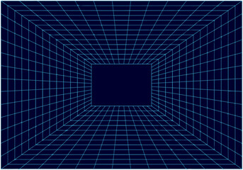 Grid room in perspective in 3d style. Indoor wireframe from violet laser beam, digital empty box. Abstract geometric design