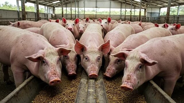 Pigs Feeding Together in Indoor Farm Environment at Trough