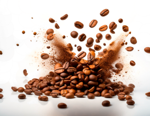 Granos de café tostados salpicando en café, Fondo transparente