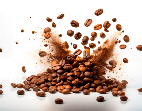 Granos de café tostados salpicando en café, Fondo transparente