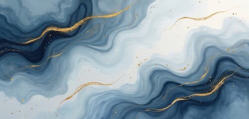 Watercolor background with blue gray liquid marble and gold lines. Dusty cyan blue canvas wallpaper with paint brush pattern. Contemporary illustration ideal for invitations or trendy cards.