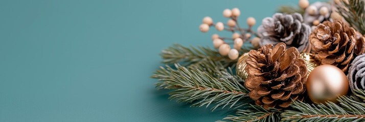 Christmas composition of pine cones, ornaments and fir tree branch on teal blue background. Winter holidays. Concept for banner, greeting cards, template with copy space