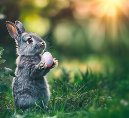 rabbit in the grass with an easter egg in sunset light