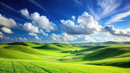 Obraz premium Rolling green hills under a bright blue sky with a few scattered white clouds, green field, blue sky
