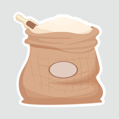 Rice Sack Vector Illustration Sticker. A detailed vector sticker of a burlap sack filled with rice and a wooden scoop, perfect for food labels, packaging, and educational materials
