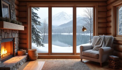 Cozy cabin living room with fireplace armchair large window overlooking snowy lake, mountains. Wood interior, rustic design warm home. Winter landscape, serene nature provides comfort, relaxation,