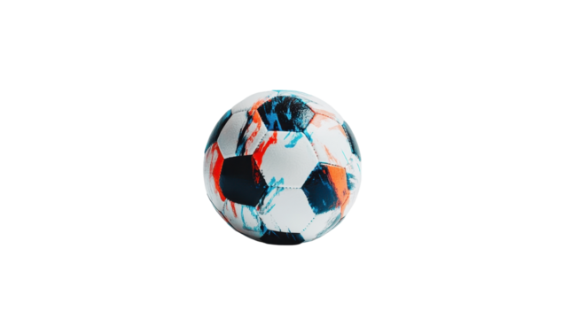 A dynamic and colorful soccer ball featuring an abstract design in blue and red tones.