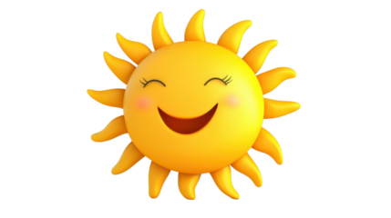 A cheerful, smiling sun with bright yellow rays and a friendly expression, radiating warmth and happiness.