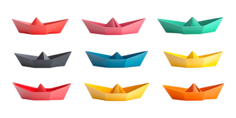 Pack Realistic Paper Boat in Different Angles on Transparent Background for Origami, Childhood Memories, or Creative Designs