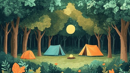 Beltane camping: Reconnect with nature around a crackling fire beneath a glowing full moon, tents nestled amongst lush forest trees.