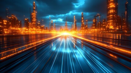 Futuristic cityscape light trails at dusk urban environment digital artwork high-contrast viewpoint