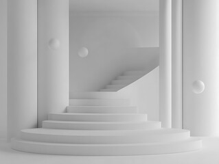 Obraz premium An elegant white staircase design with spherical floating shapes