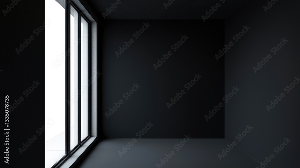 Poster a dark minimalist interior with a black wall and large window, creating a modern contrast between li