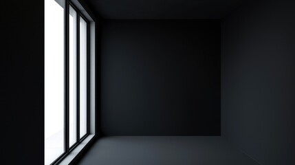 A dark minimalist interior with a black wall and large window, creating a modern contrast between light and shadow. Ideal for branding, architectural visualization, and design presentations
