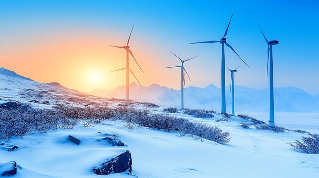 Wind turbines stand on a snow covered hill during sunrise