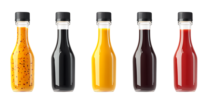 Pack Realistic Bottle of Sauce Set Against Transparent Background for Food Packaging, Culinary Branding, or Grocery Promotions