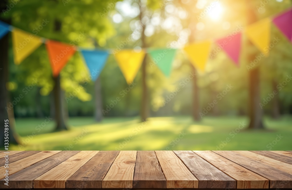 Aufkleber wooden table on blurred green background. summer party with colorful flags in park. empty wood count