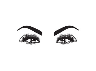 Hand drawn beautiful female eyes with long black eyelashes and brows close up.