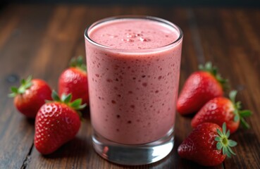 Strawberry milkshake glass, fresh strawberries on dark background. Healthy food drink concept. Blended smoothie berry dessert. Pink cocktail. Cold beverage. Sweet breakfast snack. Ripe refreshment on