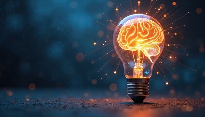 Glowing light bulb with brain inside, human intellect, innovative thinking. Abstract concept on dark blue background. Idea of intelligence, brainstorm, creative inspiration, knowledge, bright