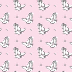 A seamless pattern of hand-drawn vintage cowboy boots on a soft pastel pink background. Ideal for textiles, wallpapers, and stylish Western-themed designs