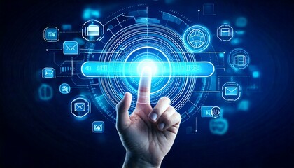 Futuristic digital search interface with a hand interacting with a virtual search bar, surrounded by floating UI elements such as ads, notifications, emails, and media icons, representing online brows