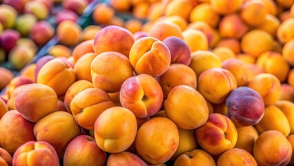 Close-up of ripe apricots on display at a market stall, juicy, market,  juicy, market, agriculture, produce, summer, harvest,food