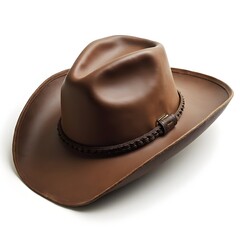 Vintage brown leather cowboy hat with braided leather band and wide brim on white background