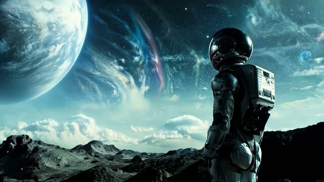 An Astronaut is embarking on an unforgettable adventure, exploring an alien landscape beneath a breathtaking starry sky