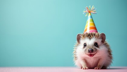 Small hedgehog joyfully wears striped party hat on bright background. The animal looks happy, festive and adorable. Cheerful setting perfect for birthday, celebration or any fun themed designs.