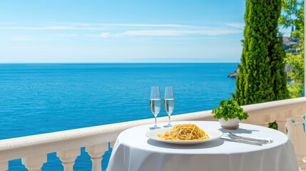 Obraz premium Elegant Luxury Dining Table Set Overlooking Serene Ocean View in Bright Natural Light