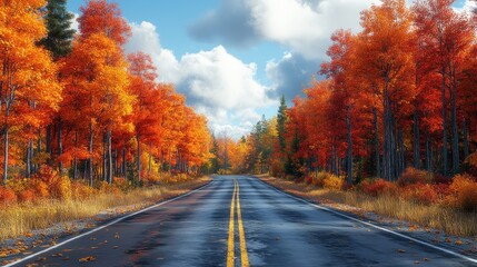 Obraz premium Autumn road journey scenic landscape nature vibrant orange forest serene atmosphere captivating viewpoint