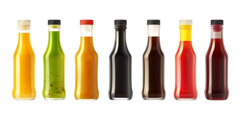 Pack Realistic Bottle of Sauce Set Against Transparent Background for Food Packaging, Culinary Branding, or Grocery Promotions